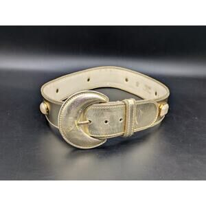 Vintage ESCADA Gold Metallic Leather Belt Western Germany Faux Pearl Lrg Buckle